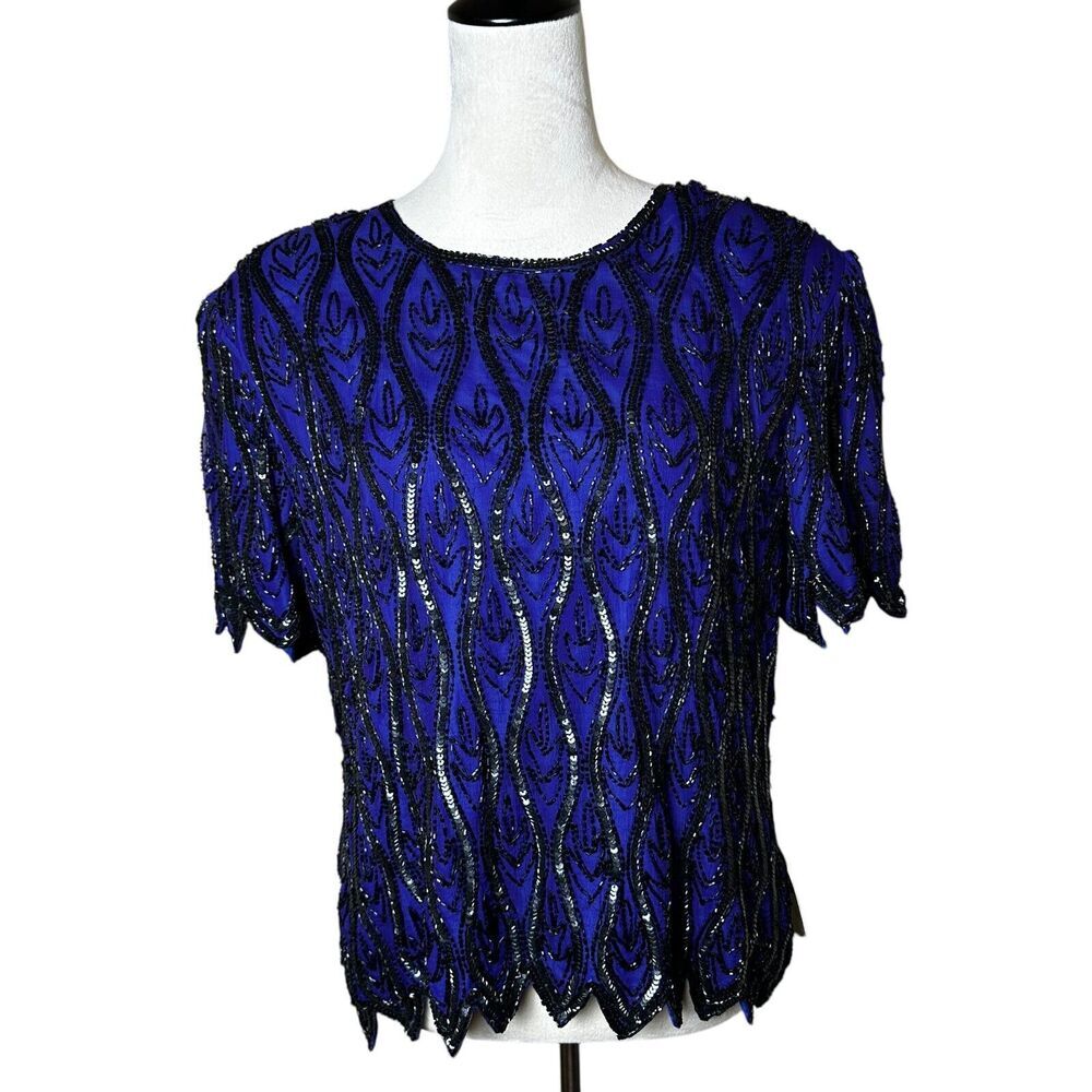 Vintage Sténay 100% Silk Beaded Sequin Top | Size L |‎ Art Deco 80s Party Glam